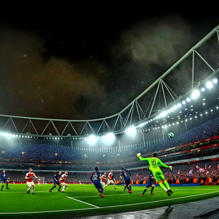 Intense Arsenal vs PSG match at a vibrant stadium under evening lights