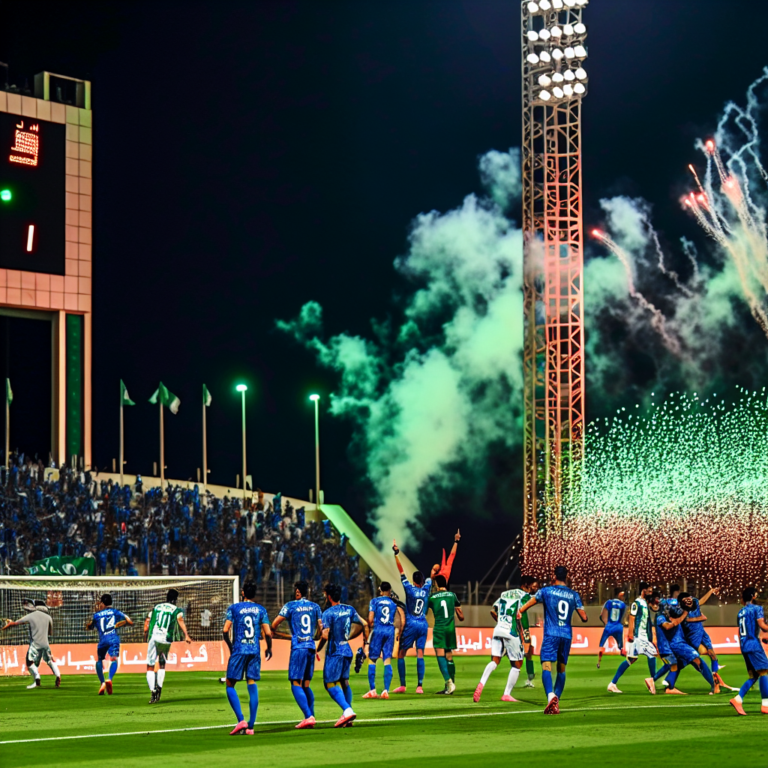 Jugadores de Al Hilal celebrando un gol con fuegos artificiales en estadio durante las semifinales