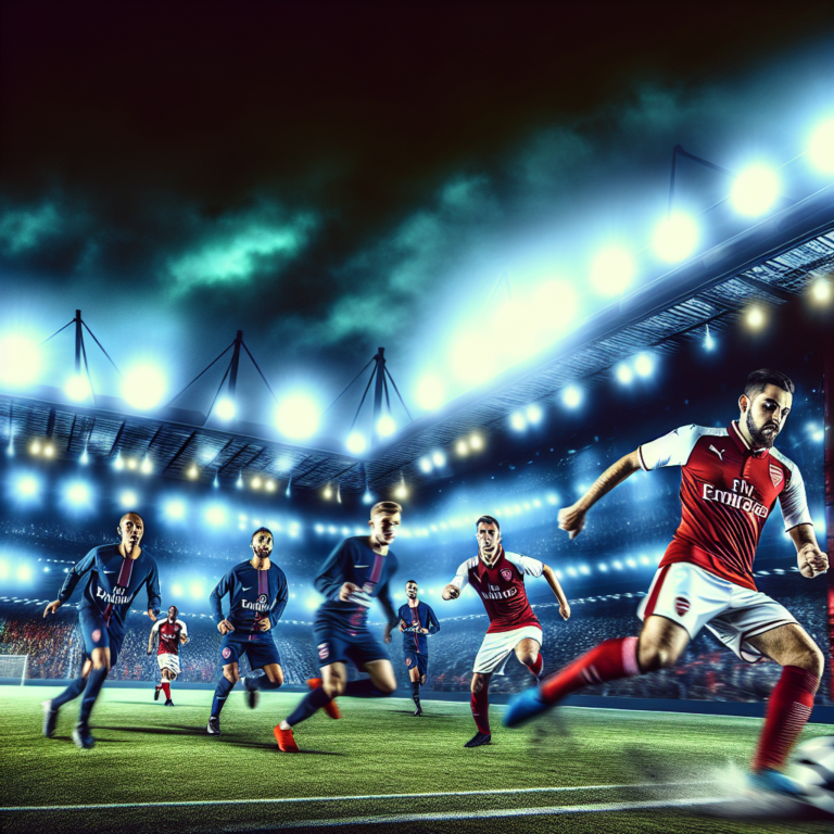 Jugadores de Arsenal y PSG compiten intensamente en un partido nocturno iluminado