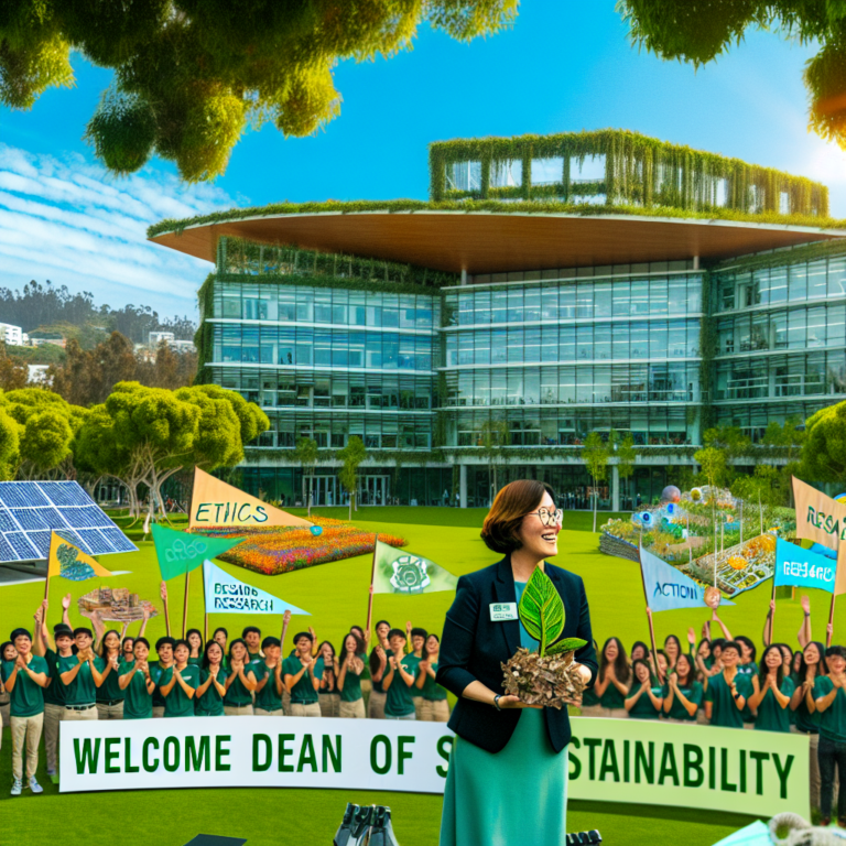 Malini Suchak nueva decana recibiendo bienvenida en campus sostenible con estudiantes y simbolismos ambientales
