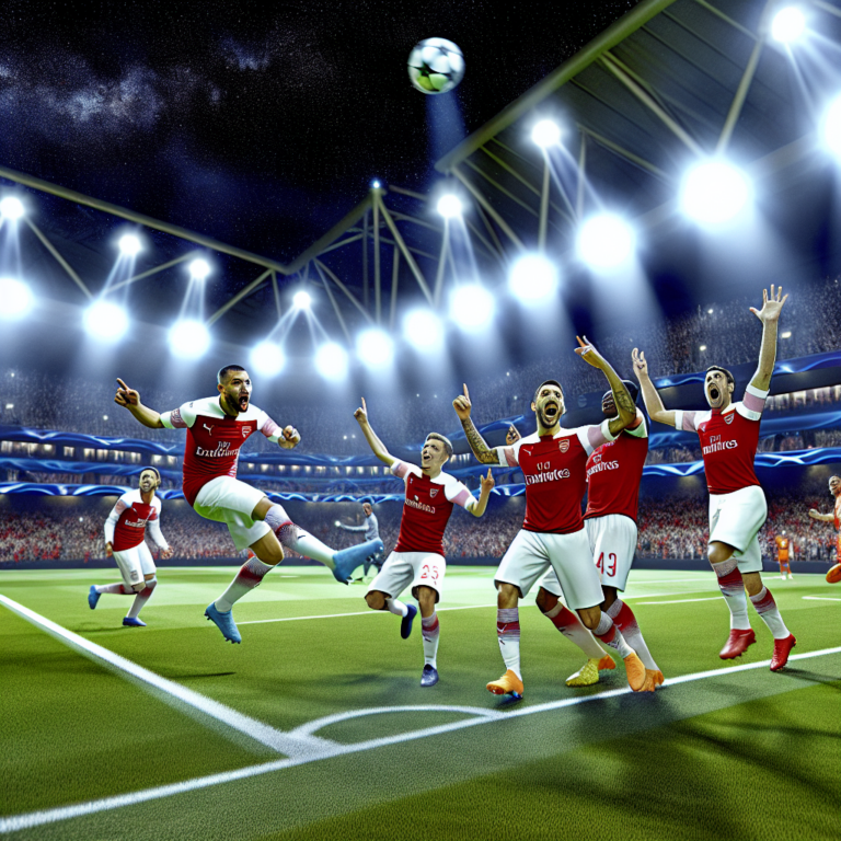 Jugadores del Arsenal celebrando un gol en un partido nocturno contra el PSG