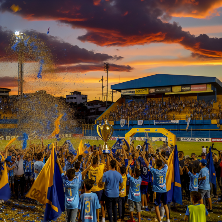 Celebración del Retrô Futebol Clube Brasil ganando trofeo en estadio ante puesta de sol