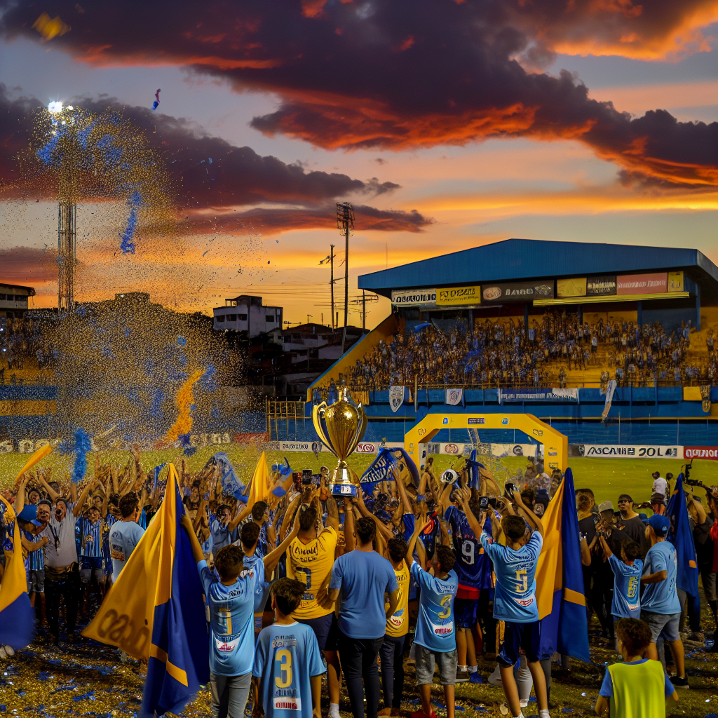 Glorioso ascenso de Retrô Futebol Clube Brasil con trofeo y fiesta Celebración del Retrô Futebol Clube Brasil ganando trofeo en estadio ante puesta de sol