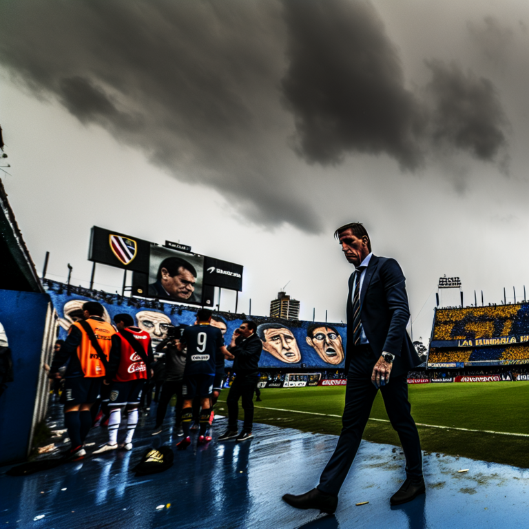 Fernando Gago despedido de Boca Juniors, caminando bajo cielo nublado en estadio