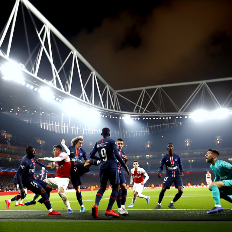 Momento tenso en el partido Arsenal vs PSG en estadio bajo luces nocturnas.