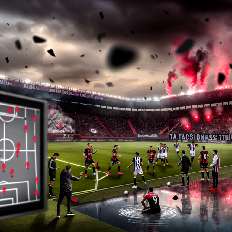 Desempeño actual en partido de fútbol de Newell's y Huracán bajo luces y bengalas en estadio lleno.