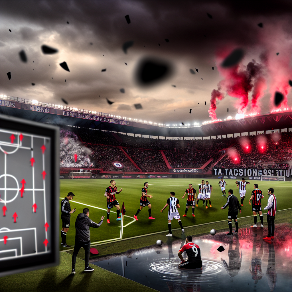 Intensa acción en el juego entre Newell's y Huracán al atardecer. Desempeño actual en partido de fútbol de Newell's y Huracán bajo luces y bengalas en estadio lleno.