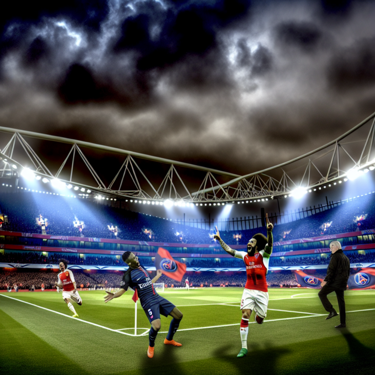 Jugadores del PSG y Arsenal durante un partido nocturno en un estadio lleno