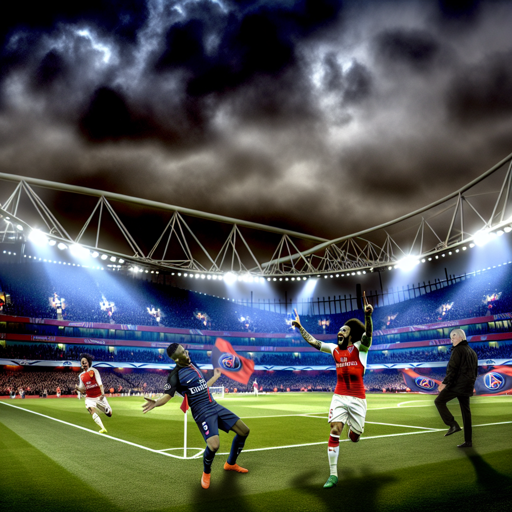 Momento emocionante en el partido PSG vs Arsenal bajo cielo nublado Jugadores del PSG y Arsenal durante un partido nocturno en un estadio lleno