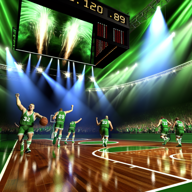 Jugadores del Boston Celtics celebrando la victoria en playoffs en cancha con fuegos artificiales y luces