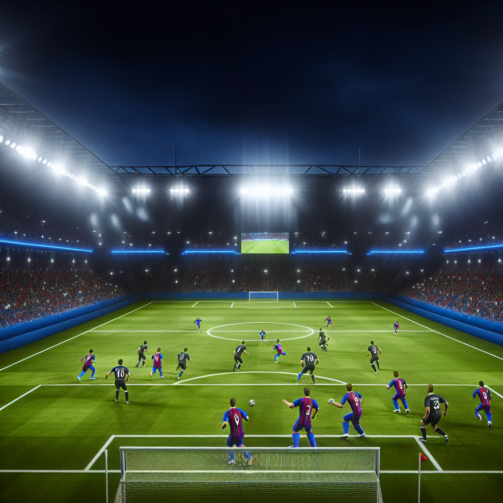 Noche de fútbol eléctrico: Barcelona vs Inter en acción Vibrante partido de noche Barcelona vs Inter, estadio lleno, acción intensa en el campo