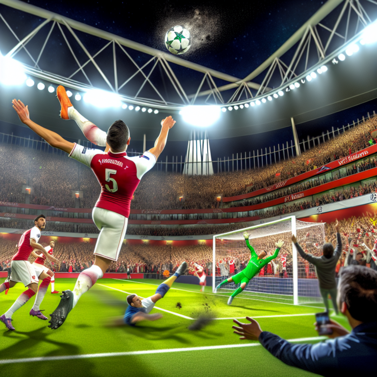 Jugador del Arsenal marcando un gol de cabeza contra el PSG en un estadio lleno.