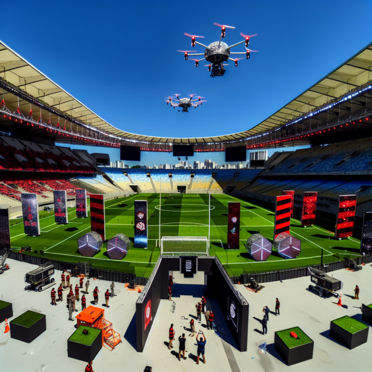 Drones sobrevolando evento tecnológico en la gestión del Maracanã, con escenario y público