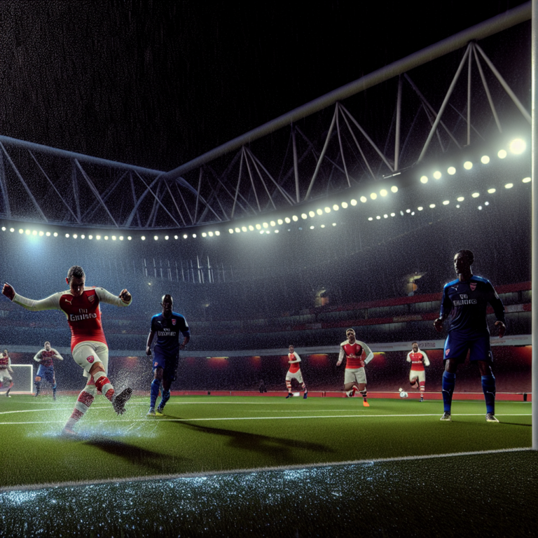 Jugador del Arsenal disparando a portería bajo reflectores en derrota ante el PSG