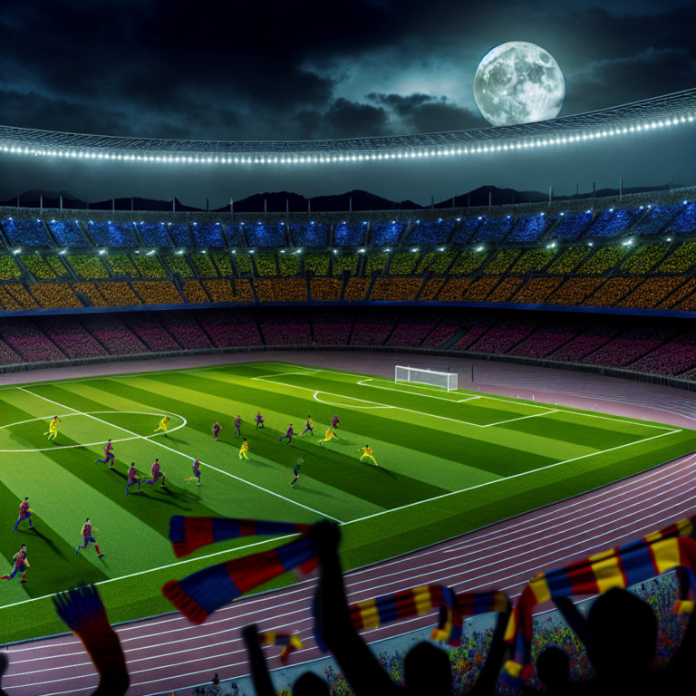 Noche de partido Barcelona vs Inter con estadio lleno bajo luna llena