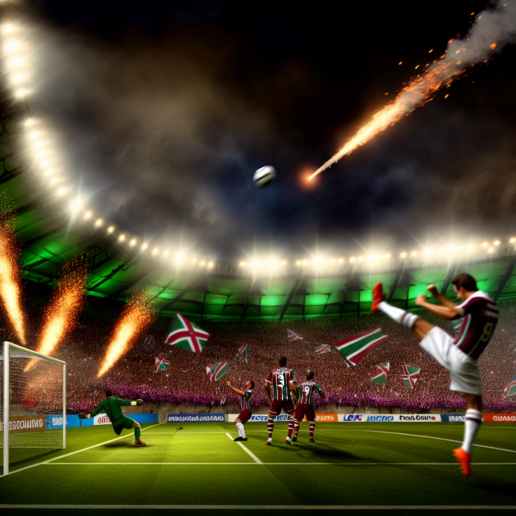 Golazo Decisivo: Fluminense Triunfa sobre Aparecidense en Noche de Partido Jugador del Fluminense rematando al gol en un estadio lleno durante el partido contra Aparecidense