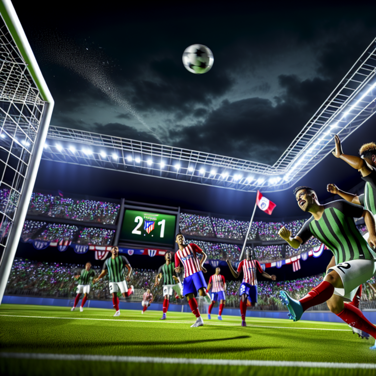 Jugadores de Atlético Nacional y Deportivo Pasto en un intenso partido de fútbol nocturno
