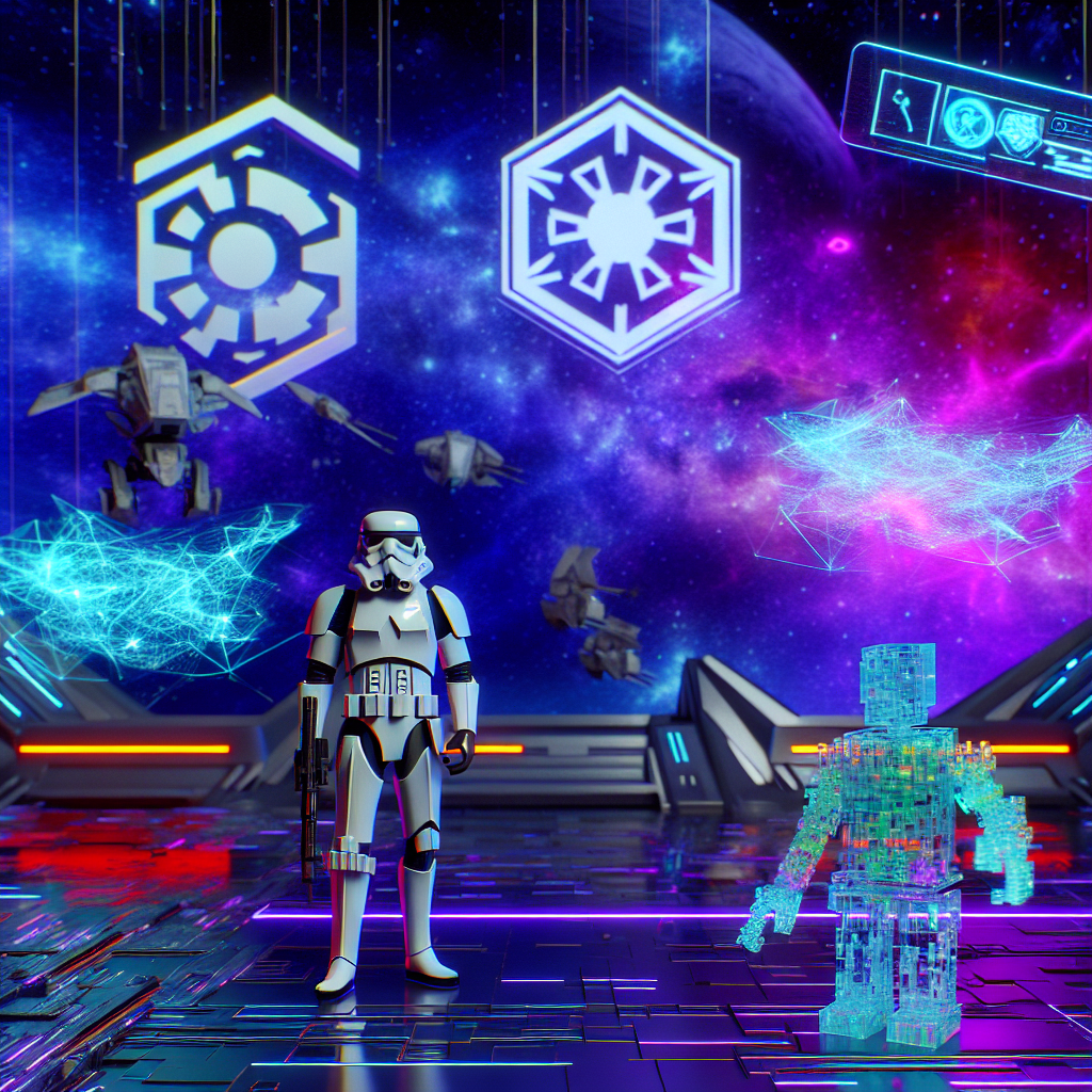 Explorando el Espacio con el Soldado de Asalto de Primera Orden Soldado de Asalto de Primera Orden en ambiente espacial con naves y hologramas