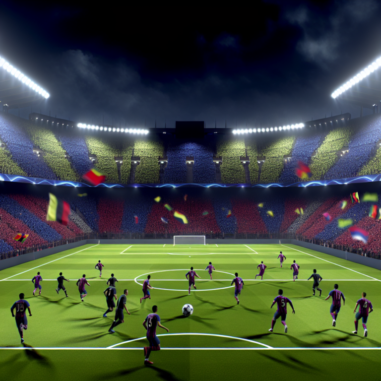 Jugadores compitiendo en emocionante partido Barcelona vs Inter en estadio iluminado