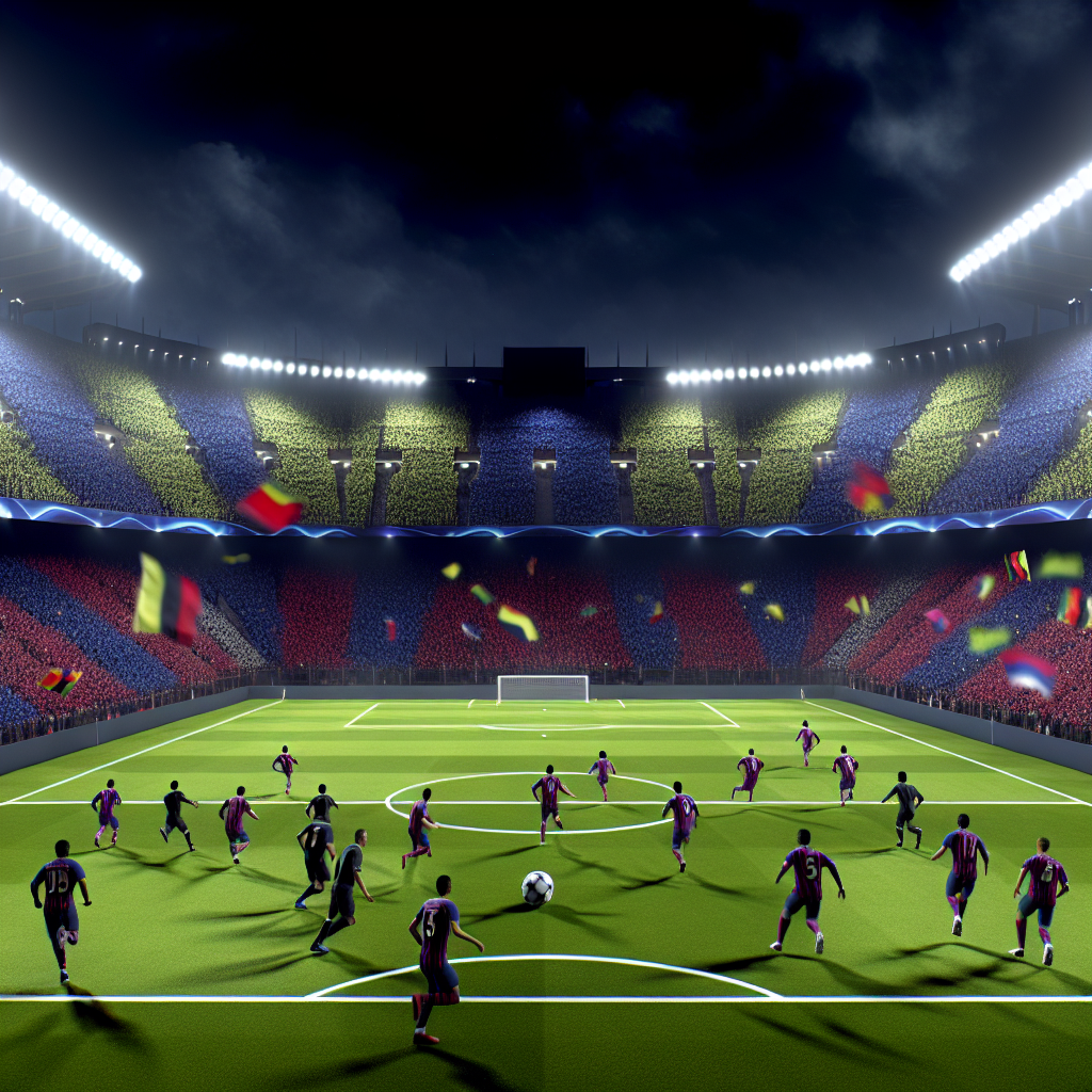 Partido Clave Barcelona vs Inter bajo Luces Estelares Jugadores compitiendo en emocionante partido Barcelona vs Inter en estadio iluminado