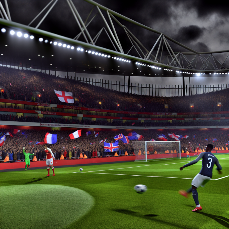 Jugador del PSG anota un gol contra Arsenal en el estadio lleno durante partido nocturno