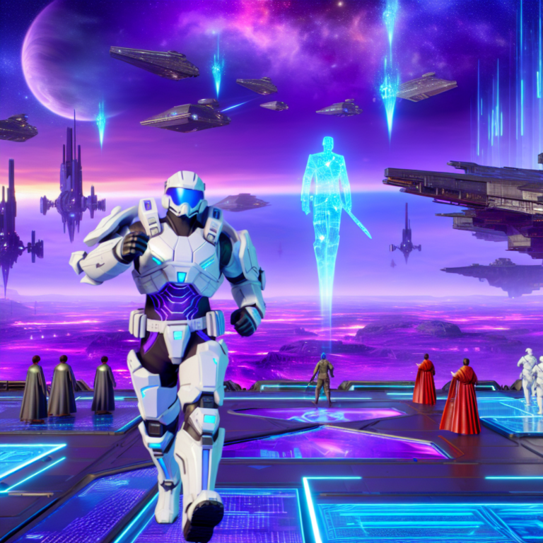 Skin futurista del Soldado de Asalto en plataforma espacial con naves y cielo estrellado