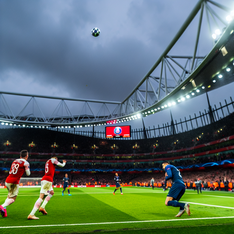 Jugadores del Arsenal y PSG en acción durante un partido nocturno en un estadio lleno