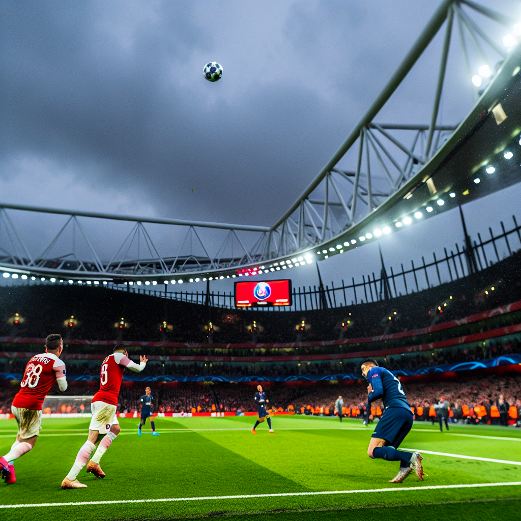 Emocionante momento en el partido Arsenal vs PSG bajo luces del estadio Jugadores del Arsenal y PSG en acción durante un partido nocturno en un estadio lleno