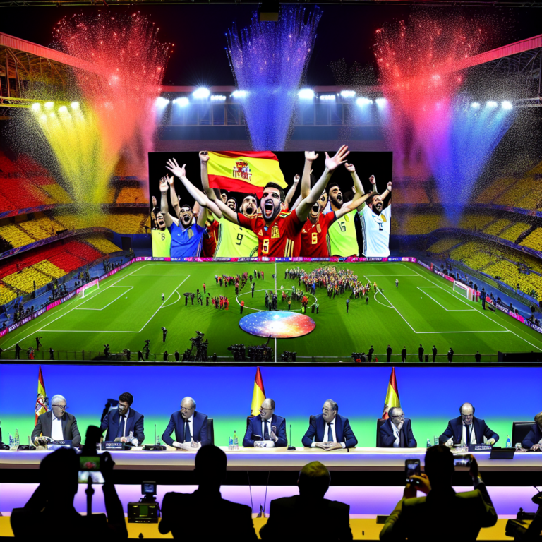 Celebración en estadio con jugadores españoles tras sanción de la UEFA en conferencia