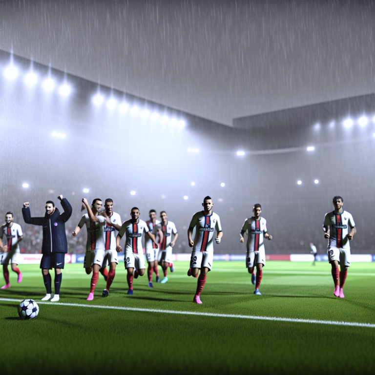 Equipo PSG celebrando victoria bajo la lluvia tras vencer al Arsenal