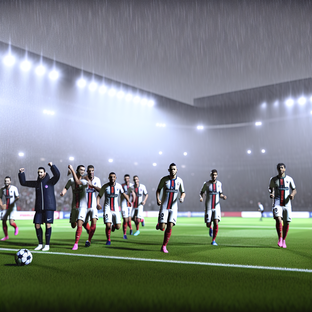 PSG celebra triunfo épico sobre Arsenal en noche lluviosa Equipo PSG celebrando victoria bajo la lluvia tras vencer al Arsenal