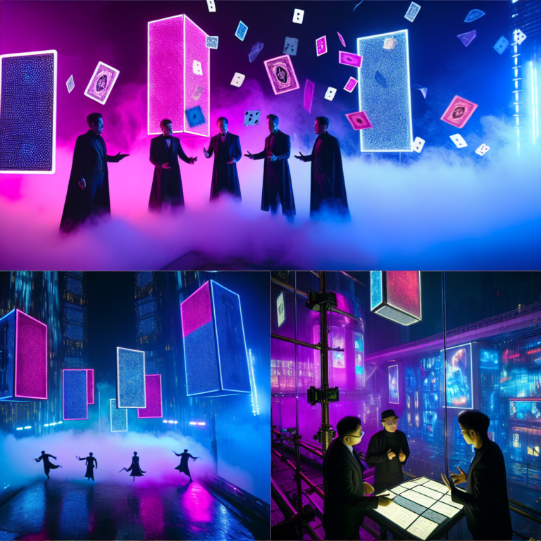 Magicians perform with luminous cards in a mystical foggy street, scene from Now You See Me 3.