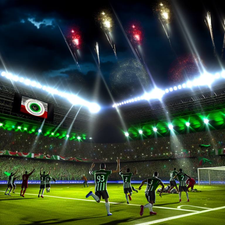 Celebración de Atlético Nacional al vencer a Deportivo Pasto en estadio iluminado con fuegos artificiales.