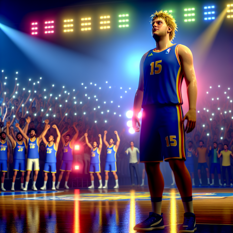 Jugador de baloncesto celebra un triple-doble 30-20-20 ante una multitud eufórica en un estadio iluminado