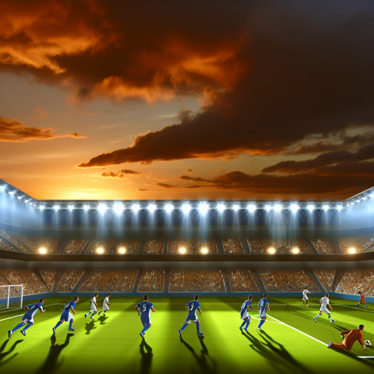 Partido nocturno Alavés vs Atlético Madrid en estadio lleno bajo cielo anaranjado