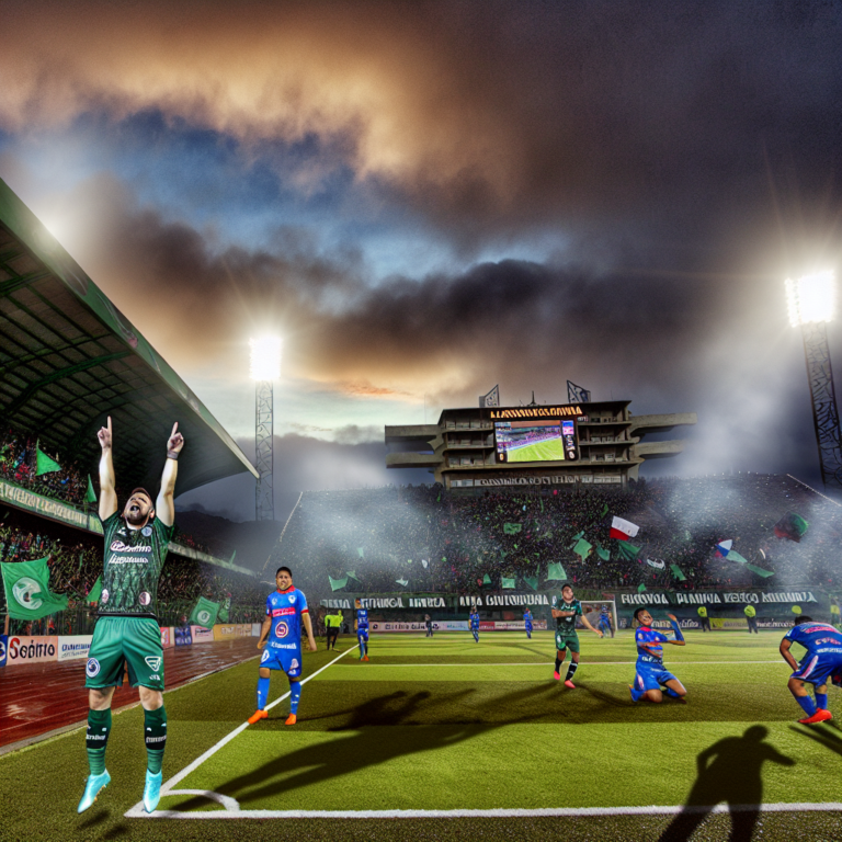 Celebración de victoria de Mushuc Runa sobre Macará en estadio lleno al atardecer