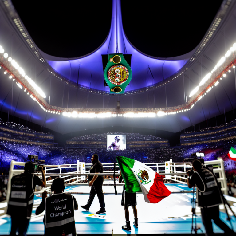 Canelo Álvarez campeón indiscutido en un estadio lleno con bandera de México y cinturón de campeonato