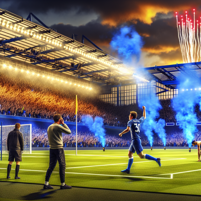 Jugador del Chelsea celebrando un gol en la victoria contra Liverpool bajo fuegos artificiales