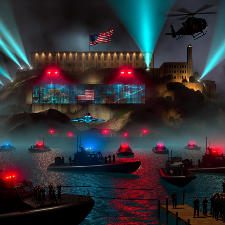 Reapertura de la prisión de Alcatraz con barcos y helicóptero iluminado en la noche