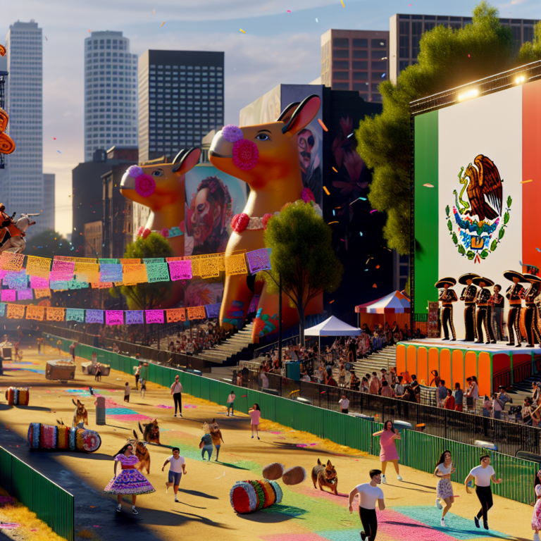 Celebraciones del Cinco de Mayo 2025 con decoraciones coloridas y danza tradicional en un parque urbano