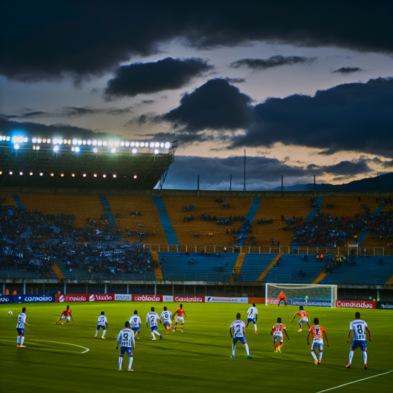 Partido de fútbol Boyacá Chicó vs Envigado noche estadio iluminado