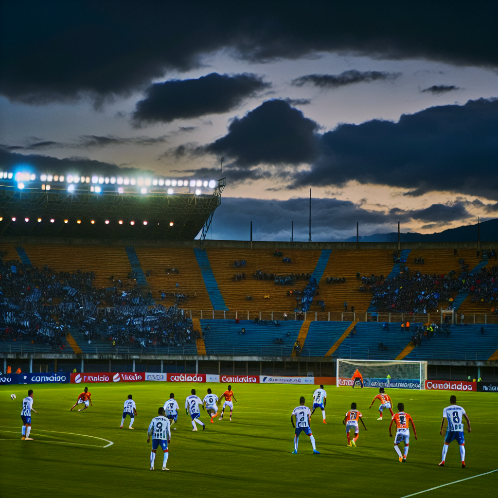 Noche de Fútbol: Boyacá Chicó enfrenta a Envigado en Estadio Luminoso Partido de fútbol Boyacá Chicó vs Envigado noche estadio iluminado