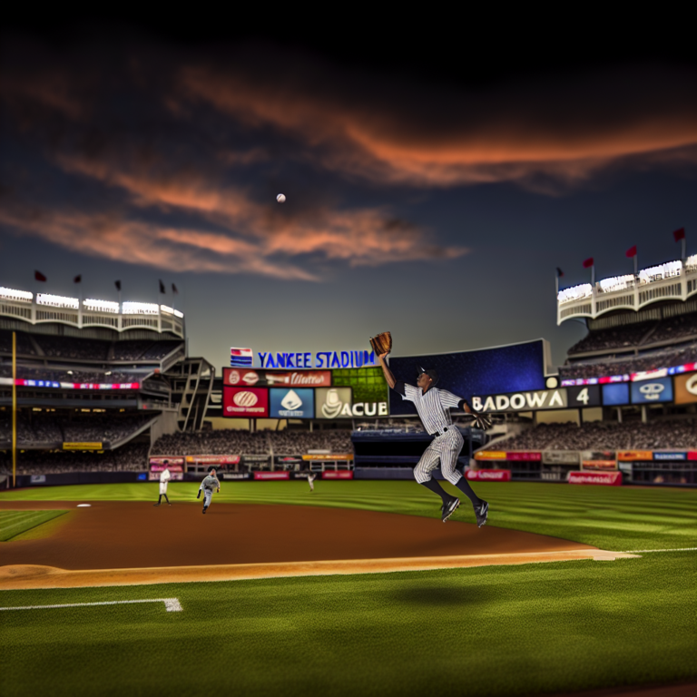 Jugador de los Yankees capturando un elevado en juego contra los Padres al atardecer.