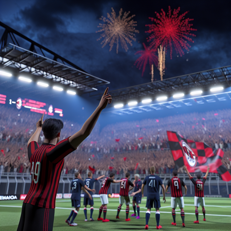 Celebración del Milan tras vencer al Genoa en un estadio con fuegos artificiales