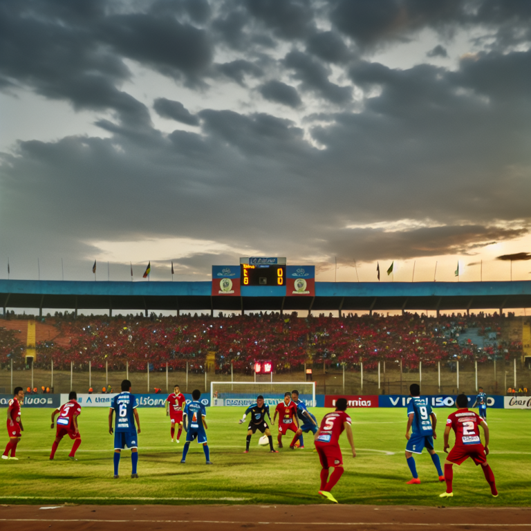 Partido entre General Caballero JLM y Sportivo Trinidense en estadio lleno al atardecer