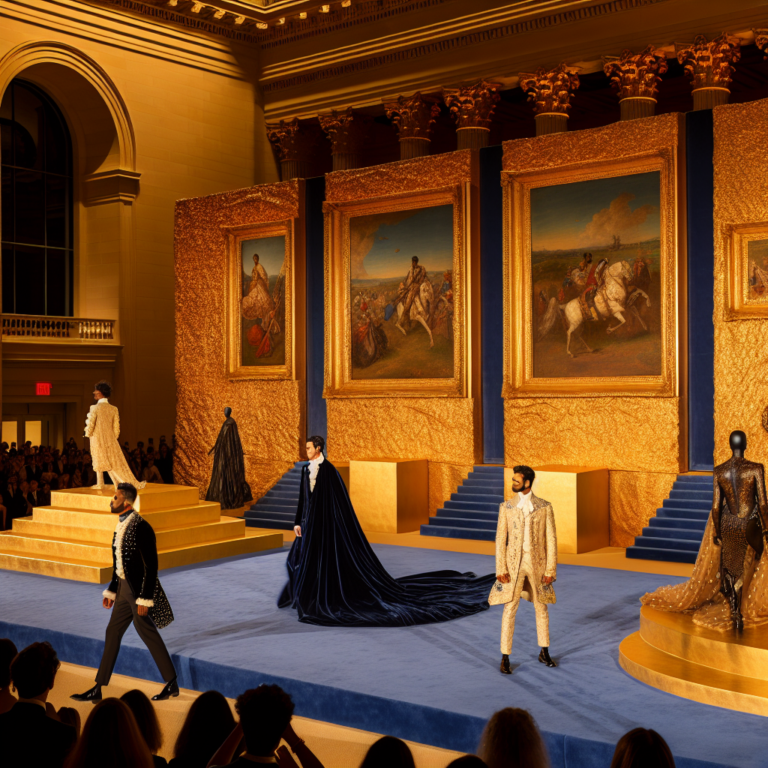Elegant fashion designs at Met Gala 2025 inside opulent hall