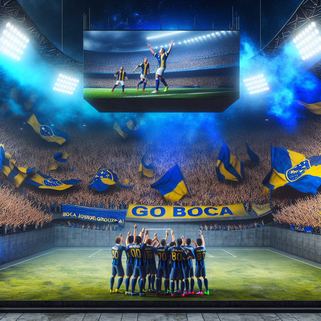 Celebración de Boca Juniors en la Noche del Apertura Boca Juniors celebrando liderazgo en el Apertura en un estadio lleno.