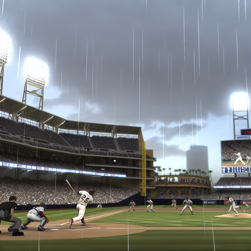 Partido Emocionante: Padres vs Yankees Bajo la Lluvia Jugador de los Padres bateando bajo la lluvia en partido contra los Yankees