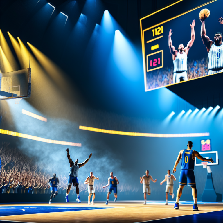 Jugadores de baloncesto en emocionante juego Thunder-Nuggets en estadio iluminado