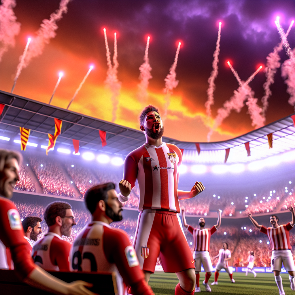 Girona FC triunfa: Noche de celebración y fuegos artificiales Celebración apasionada del Girona FC en el estadio con fuegos artificiales al fondo